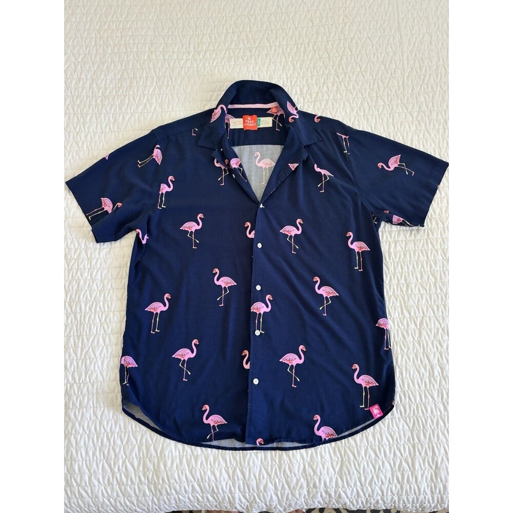 Free Planet Men's Navy Blue Short Sleeve Flamingo Hawaiian Shirt XL Button Down